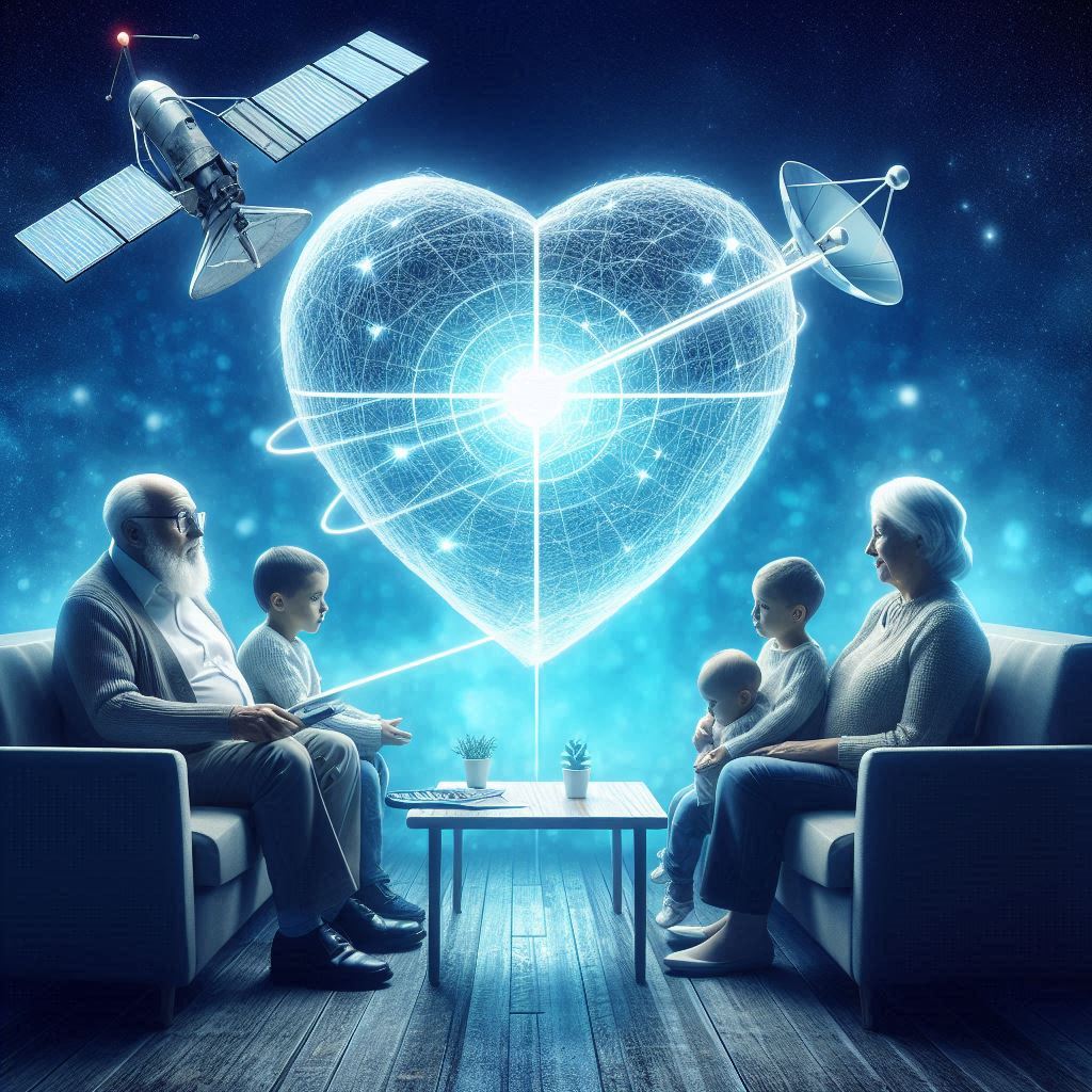 Protezione satellitare uomini anziani e bambini con un cuore in trasparenza